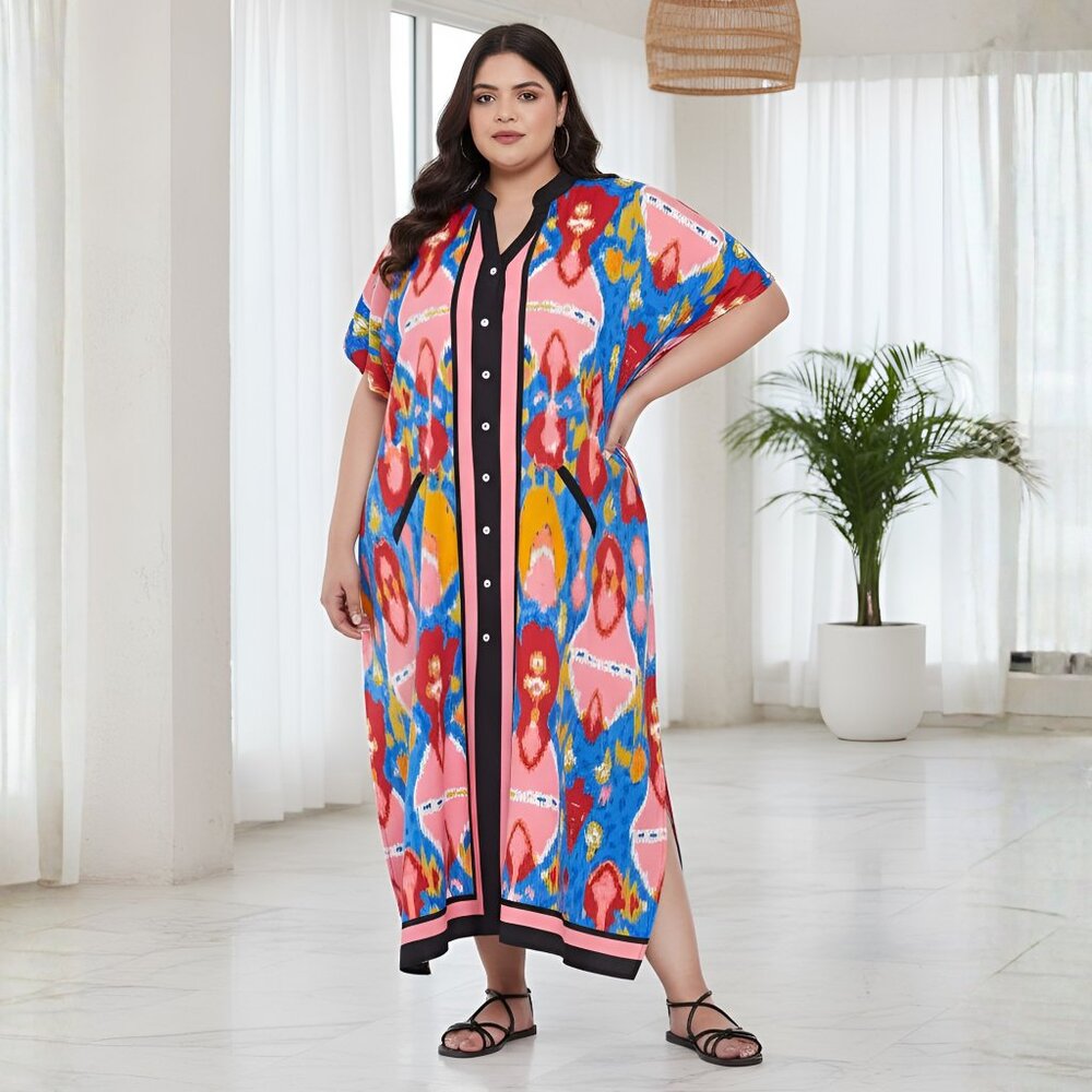 Gypsie Blu Women Button Down Polyester Caftan Dress Plus Size Multicolor Maxi